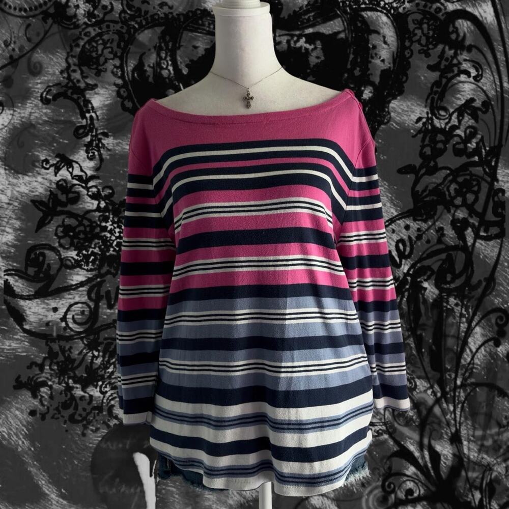 pastel baby pink black white and cool toned grey striped top